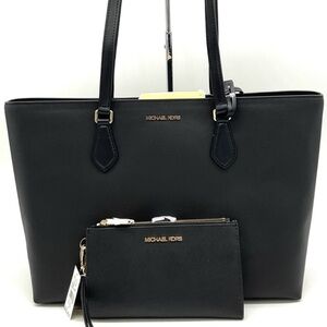 Michael Kors Bag Large Sheila Mf Tote Bag & Large Double Zip Wallet Black/Gold